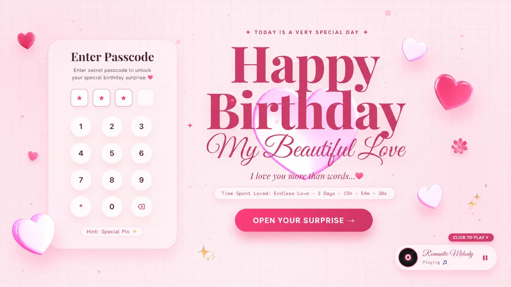 Passcode ✦ Premium 3D Romantic Birthday Desktop View