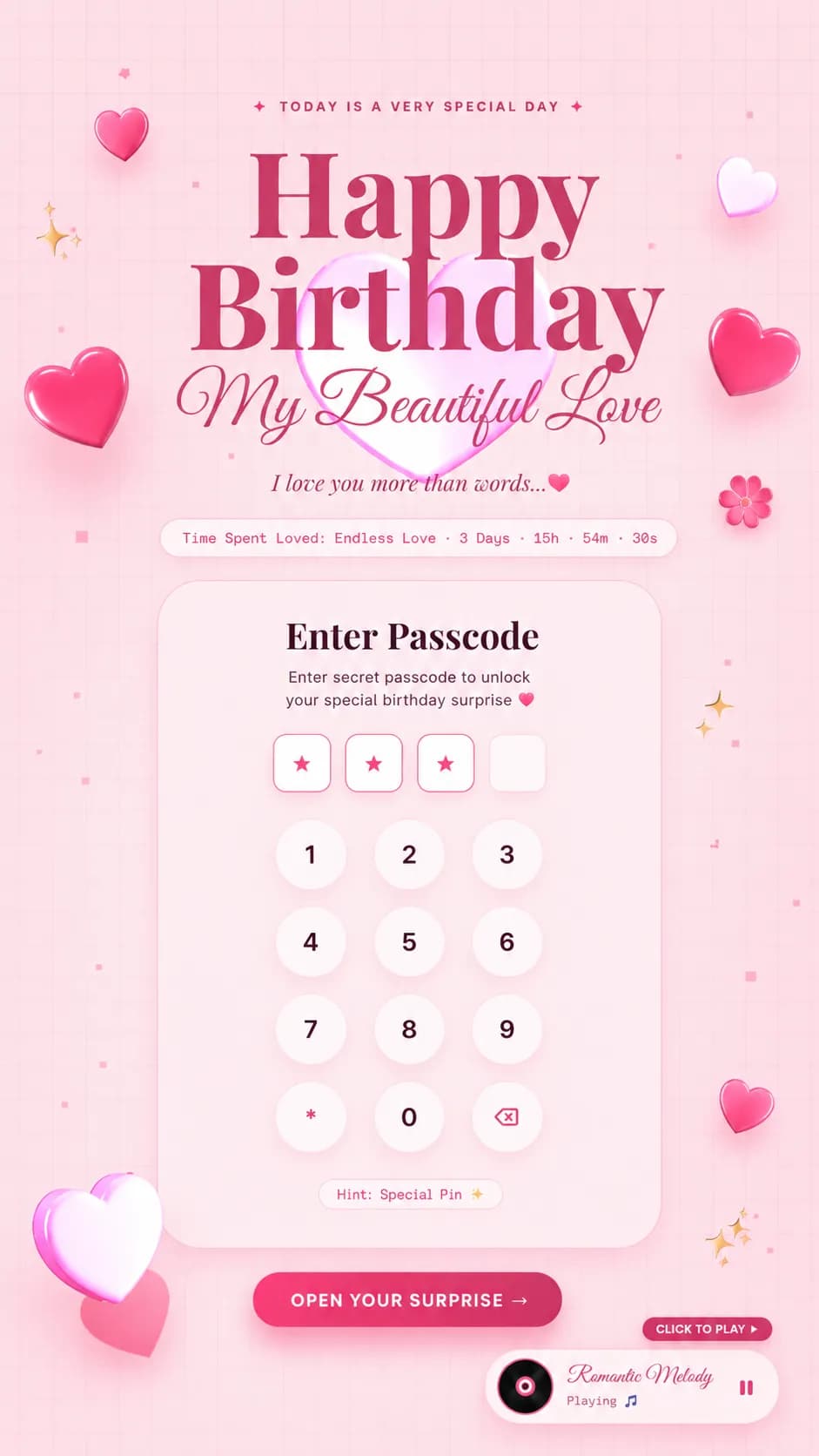 Passcode ✦ Premium 3D Romantic Birthday Mobile Full Frame View